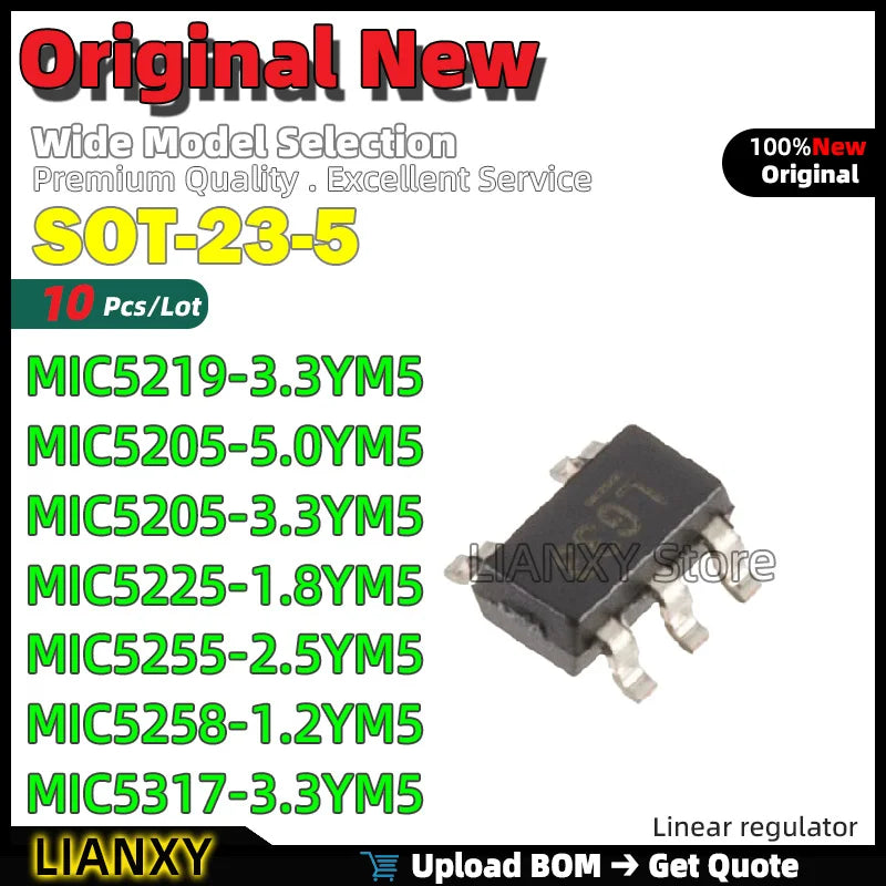 10pcs SOT-23-5 MIC5219-3.3YM5 MIC5205-5.0YM5 MIC5205-3.3YM5 MIC5225-1.8YM5 MIC5255-2.5YM5 MIC5258-1.2YM5 MIC5317-3.3YM5 New