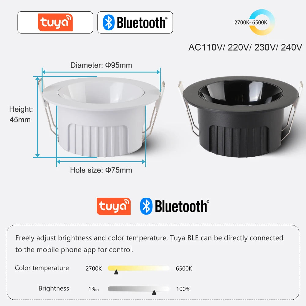 Recessed Round LED COB Ceiling Spot Light 5 CCT Switchable/ Tuya BLE/ Zigbee/ DALI Fixtures Lighting Indoor Smart Lamp Lighting