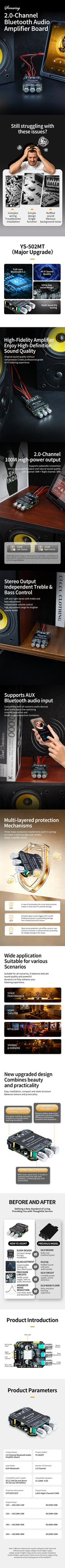 YS-502MT Bluetooth Audio Amplifier Board 2.0 Channel 100W Mini Hi-Fi Stereo Power Amp Module DC 12-24V For Speakers