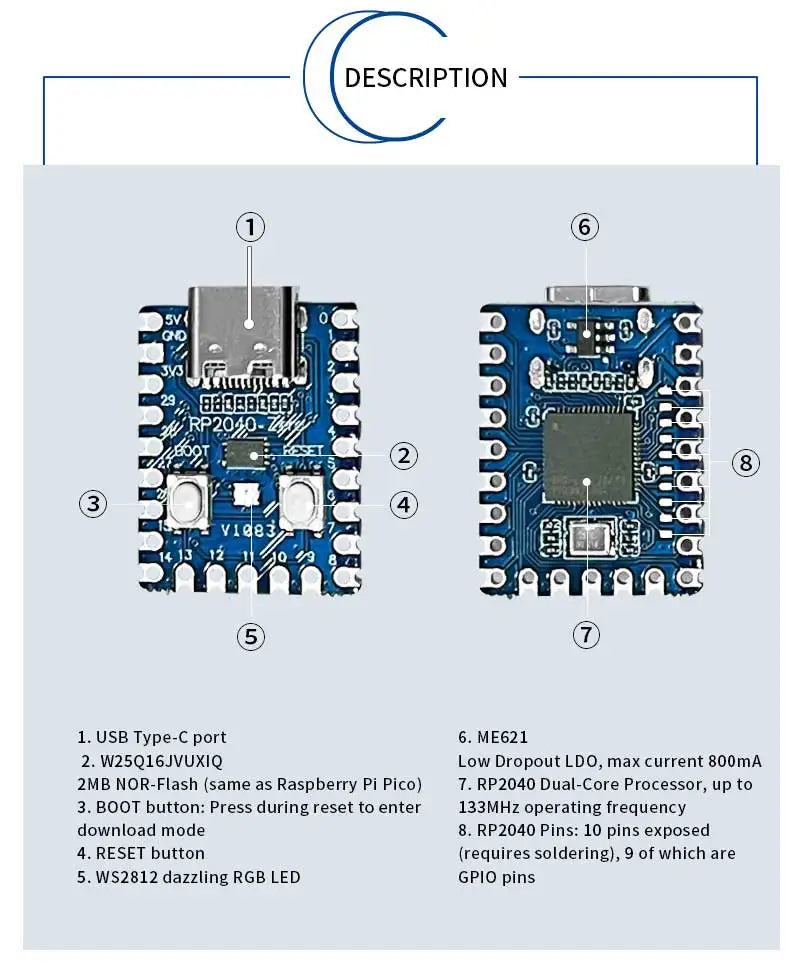 1-10PCS RP2040-Zero RP2040 for Raspberry Pi Microcontroller PICO Development Board Dual-core Cortex M0+ Processor 2MB Flash XCW