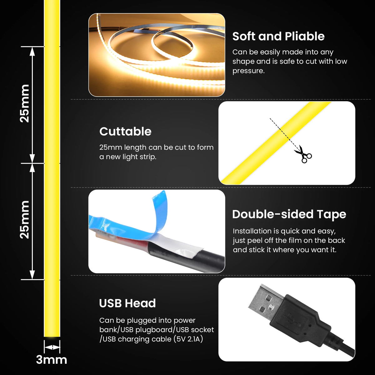 5V USB COB Led Strip Light 320 Leds/M White/Red/Green/Blue/Ice Blue/Pink PCB 3MM 5MM 8MM Flexible Ribbon Night Lamp TV Backlight