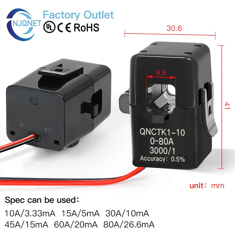 Split Core Current Transformer CT QNCTK1-10 5A 5mA 5A 2.5mA 2000 1 1000 QNCTK1-16 100A 50mA 100A 40mA Clamp Current Sensor