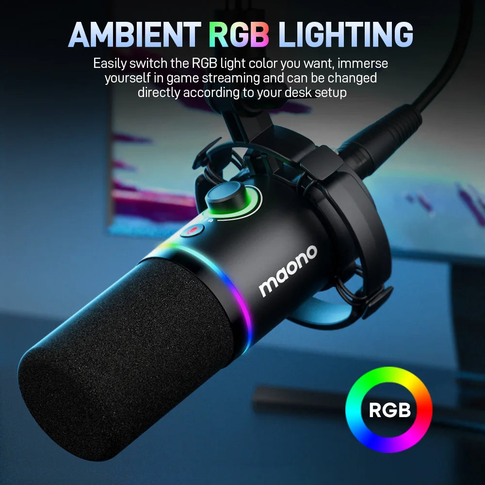 MAONO PD200X XLR/USB Dynamic Microphone for PC RGB Gaming Streaming Microphone with MAONO Link Software Mute Gain Knob Volume Control and Headphone Jack for Streaming Podcasting Recording Gaming Video