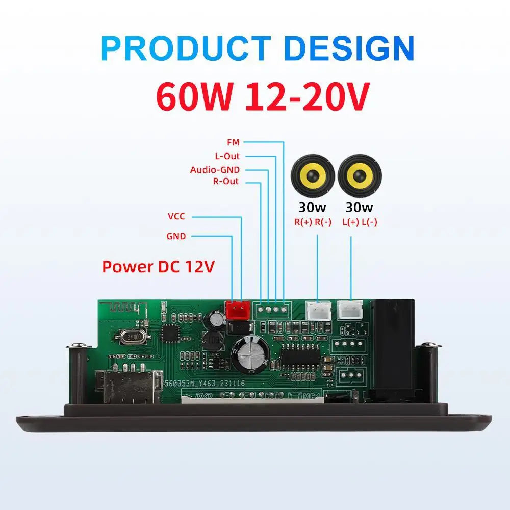 30W 60W Amplifier 12V MP3 Decoder Board Bluetooth 5.3 Stereo Audio DIY Car MP3 Player FM Radio TF USB 6.5mm Mic Jack Record Call