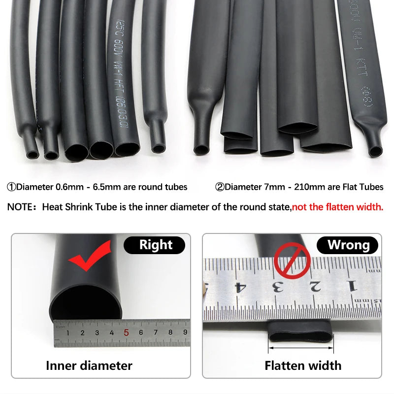 2:1 Shrink Rate Black Diameter 0.6mm ~ 210mm Heat Shrink Tube DIY Wires Cable Repair Wrap Sleeving Waterproof Polyolefin Tubing