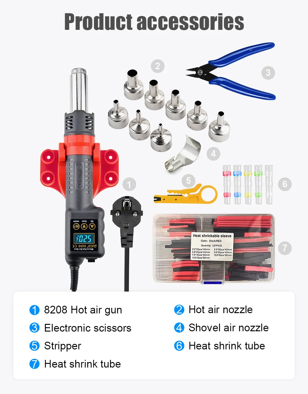 JCD 750W Micro Hot Air Gun 8208 Soldering Rework Welding Station LCD Digital Heat Gun BGA IC Solder Tools With Heat Shrink Tube