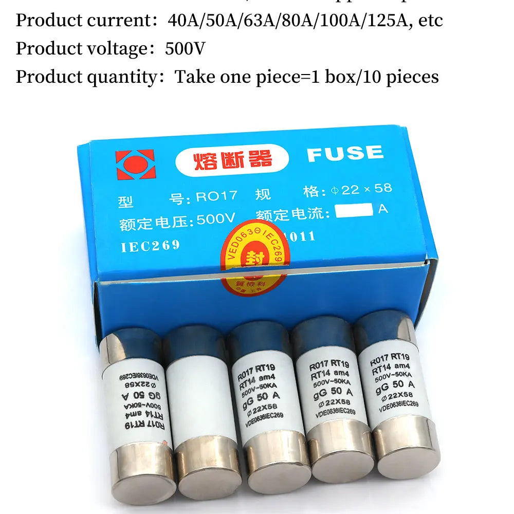 Stlxy 5/10/20Pcs 22*58mm(RO17) Fast blow Ceramic Fuse 500V RO17-40A 50A 63A 80A 100A 125A RT18 RT14 Base