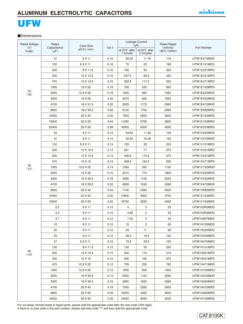 Nichicon Audio Electrolytic Capacitor FW Series 6.3V10V 16V 25V 35V 50V 63V 100V 10UF 22UF 47UF 100UF 220UF 470UF 1000UF 2200UF