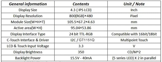 IPS 4.3 inch 40PIN HD TFT LCD Capacitive Screen (Touch/No Touch) 24Bit TTL-RGB Interface GT1151Q 6P I2C Interface 800*480