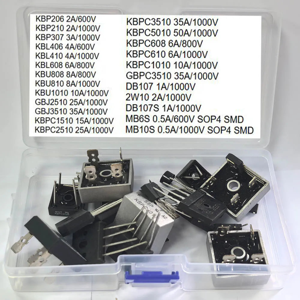 24PCS 24Values 600-1000V 0.5-50A Diode Bridge Rectifier Kit Pack Set KBPC5010 KBU2510 MB10F MB10 25A 2W10 KBJ3510 GBJ3510