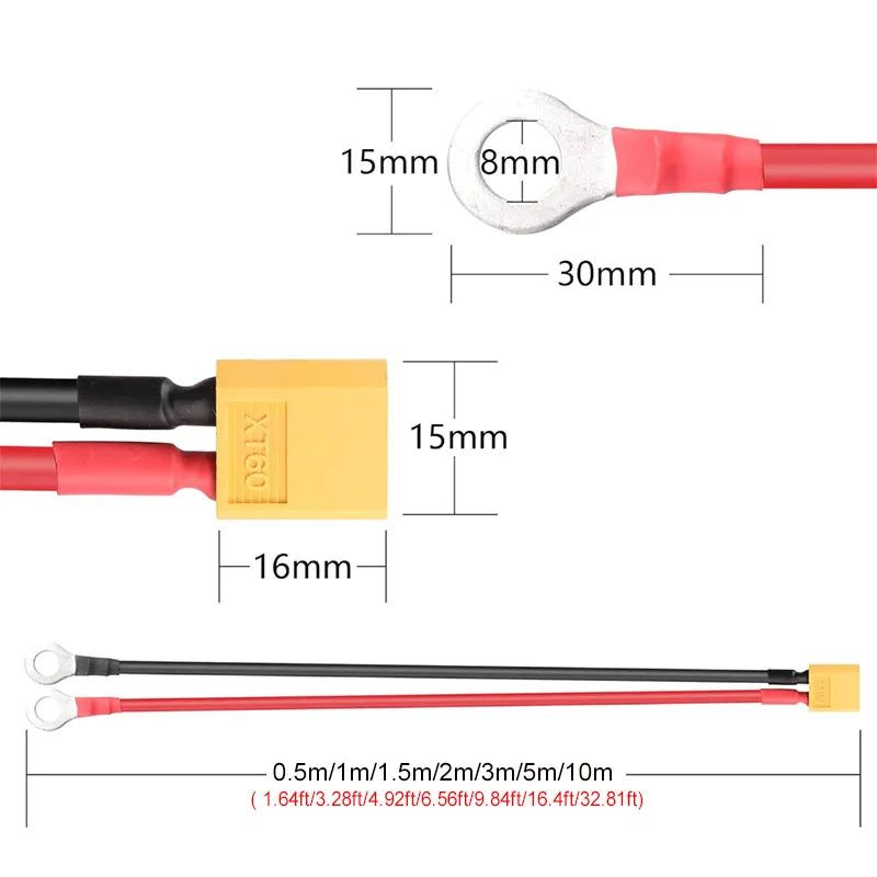 XT60 to O-Ring Terminal Cable: XT60 Male or Female Connector to M8, with 12 AWG Silicone-Insulated Wire (0.5 m to 10 m)