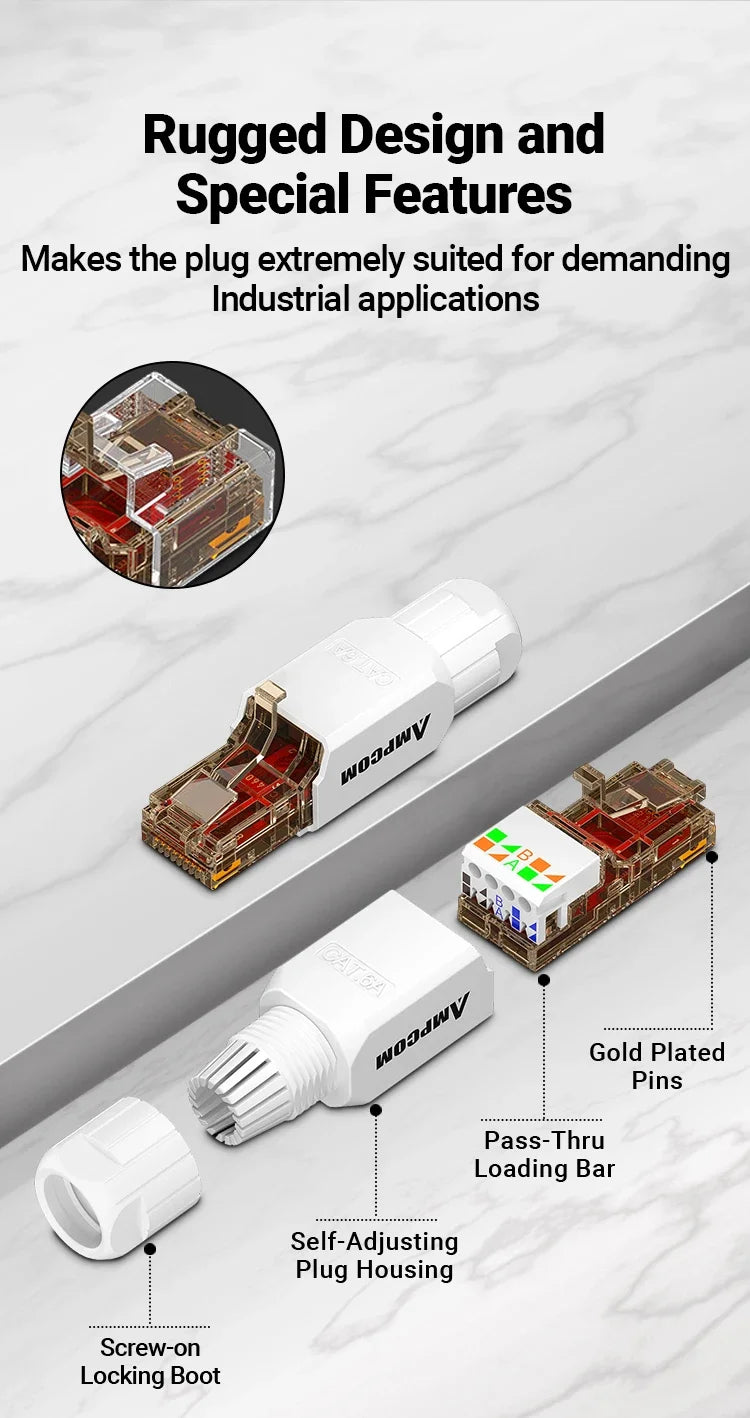 AMPCOM Tool Free RJ45 Connector, No Crimp Tool Less UTP 1000Mbps CAT6/CAT6A Modular PLug for Stranded Solid Lan Ethernet Cable