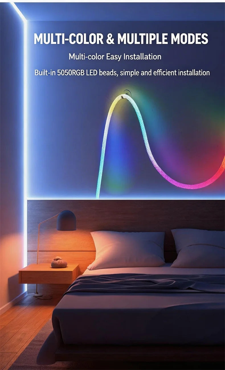 360 Glow Round RGB Neon LED Woven Strip Light 24key Bluetooth APP Remote Control 5V USB WS2812B Music Sync Waterproof Rope Decor