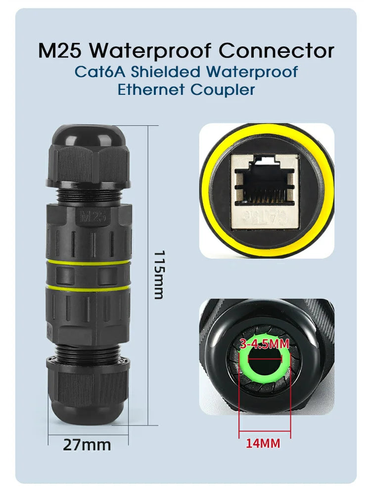 CAT6A IP68 Waterproof RJ45 Coupler Outdoor Ethernet Straight Connector Waterproof Network Adapter for CCTV Camera Monitoring