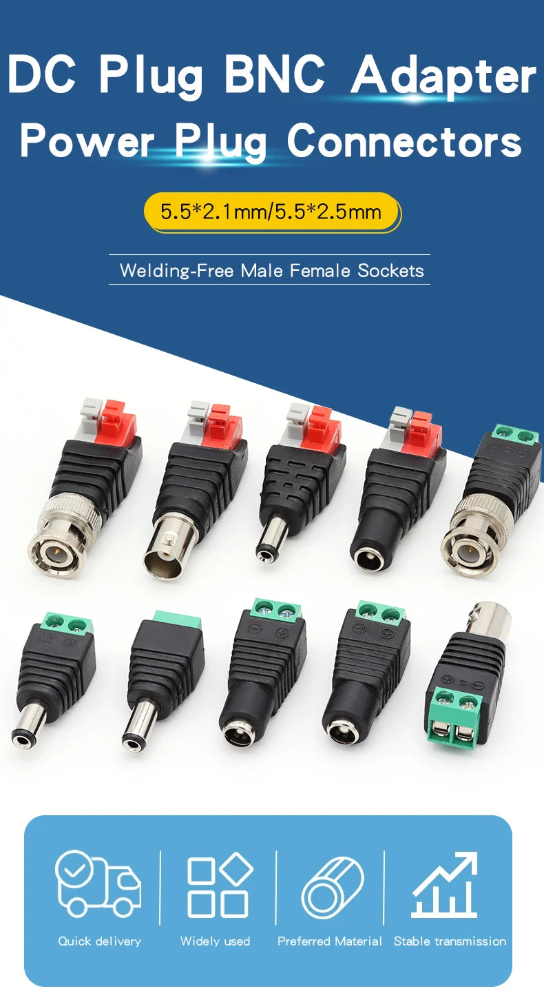 2/5/10PCS DC 12V Male Female BNC Connectors 5.5*2.1mm/2.5mm Welding-Free Power DC Plug Adapter Jack Sockets For LED CCTV Camera