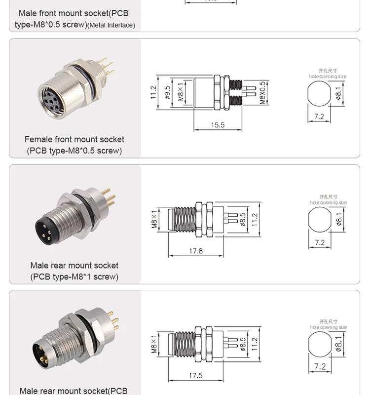 CAZN M8 Welding Panel Connector Male Female Back Mount Socket SMD 3 4 5 6 8 Core Angle Pin Male and Female Socket
