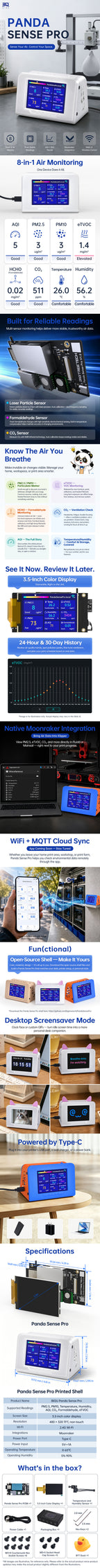 BIQU Panda Sense Pro 8-in-1 Air Quality Sensor PM2.5 CO2 HCHO TVOC 3.5" Screen WiFi MQTT Moonraker Klipper Home Assistant Smart