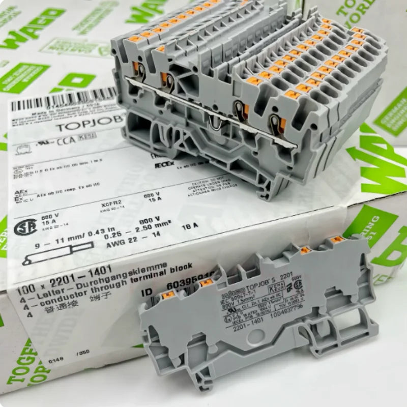 Hot Sale WAGO 2201‑1401 DIN Rail Mount Terminal Block 0.25‑2.5mm² Cage Clamp Connector