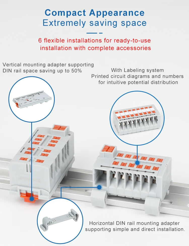 Din Rail Distribution Block PTVFIX Series Push-in Side-entry Terminal Block 2.5 mm² Cable Connector 6/7/12/13/18/19 Connections