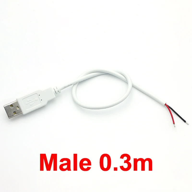 0.3m/1m/2m USB Power Supply Cable 2 Pin USB 2.0 A Female Male Charger Charging Cord Extension Connector DIY White Wire