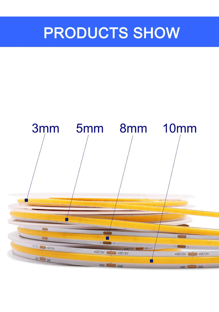 FOB COB LED Strip Lights 3mm 5mm 8mm 10mm 12V 24V Flexible Dimmable LED Tape Easy Install Cuttable 3000K 4000K 6000K LED Tape