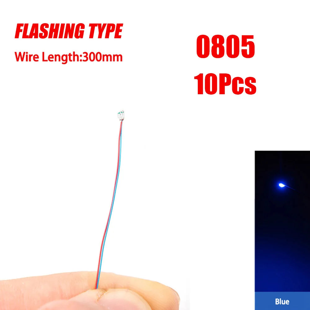 10Pcs 0805 Flashing LED SMD Wire for Model Train HO N OO Scale Red Blue Line Pre-soldered Micro Litz Railway DIY Kit 3V 30cm