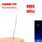 10Pcs 0805 Flashing LED SMD Wire for Model Train HO N OO Scale Red Blue Line Pre-soldered Micro Litz Railway DIY Kit 3V 30cm