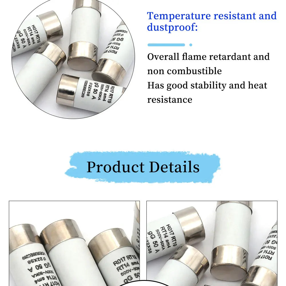 Stlxy 5/10/20Pcs 22*58mm(RO17) Fast blow Ceramic Fuse 500V RO17-40A 50A 63A 80A 100A 125A RT18 RT14 Base