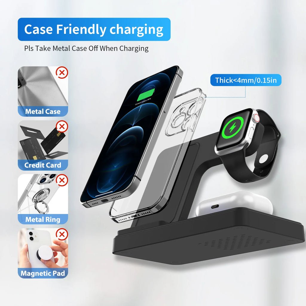 15W Magnetic Wireless Charger 3 In 1 Fast Charging Station Travel Foldable for Magsafe iPhone 1716/15/14 Apple Watch AirPods Pro