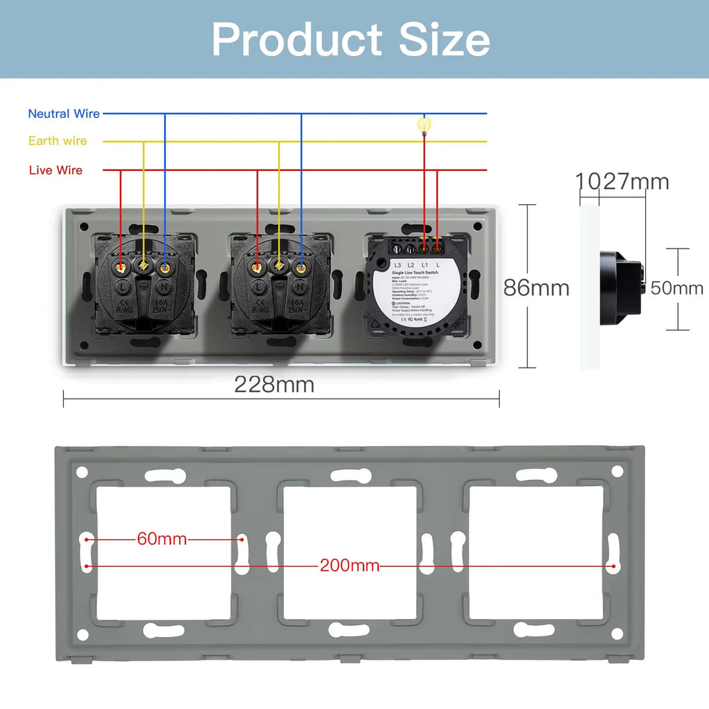 BSEED 1/2/3Gang Touch Light Switch 1Way Simple Sensor Switch Type-c USB Sockets EU Standard Glass Panel Blue Backlight 10A White