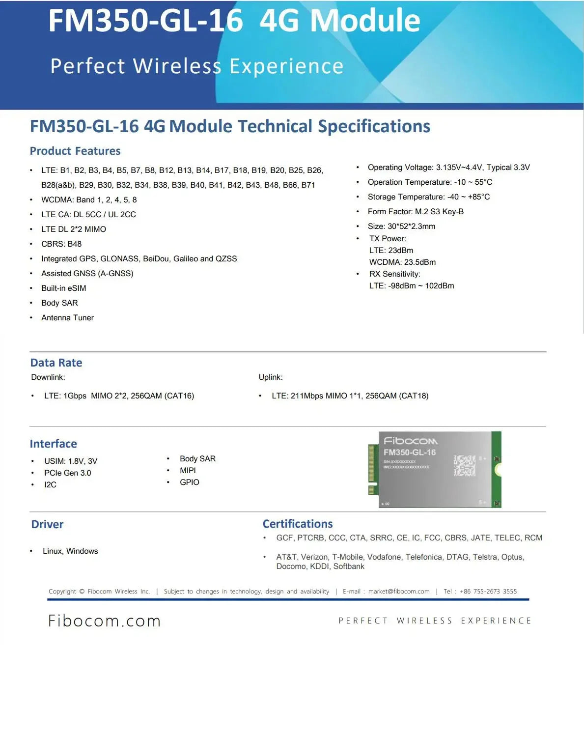Fibocom FM350-GL-16 LTE Cat16 Module | PCIe WWAN Card with eSIM & GNSS for HP Laptops