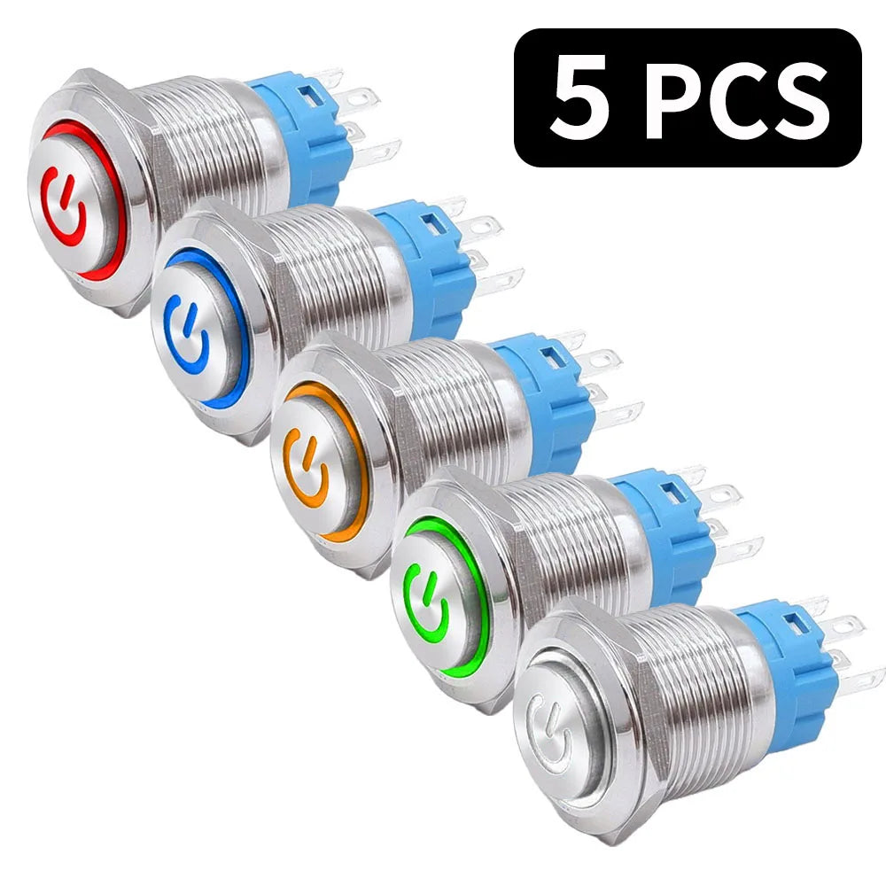 5 PCS 16mm 19mm 22mm Metal Push Button Switch 12v Ring Power Buttons Waterproof LED Light Self-lock Self-reset 220V High Head