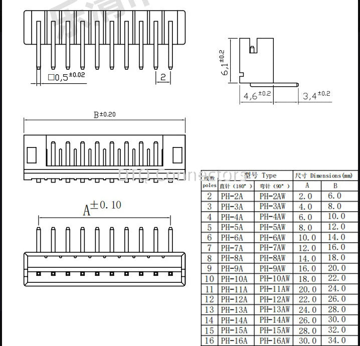 50pcs/LOT PH 2.0 connector male right angle material PH2.0 2mm Pitch Connectors Leads 2 3 4 5 6 7 8 9 10 11 12 pin Heade