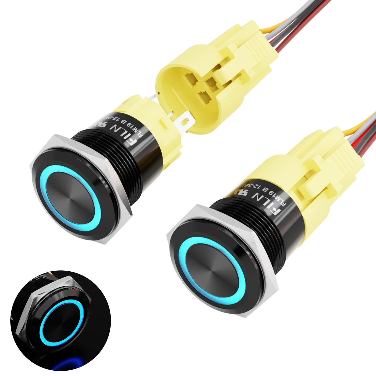 FILN 2PCS 19mm 12V 24V Push Button Switch Ring Button Latching IP65 Waterproof with LED 1NO1NC Pre-Wired Harness 5Amp Marine car