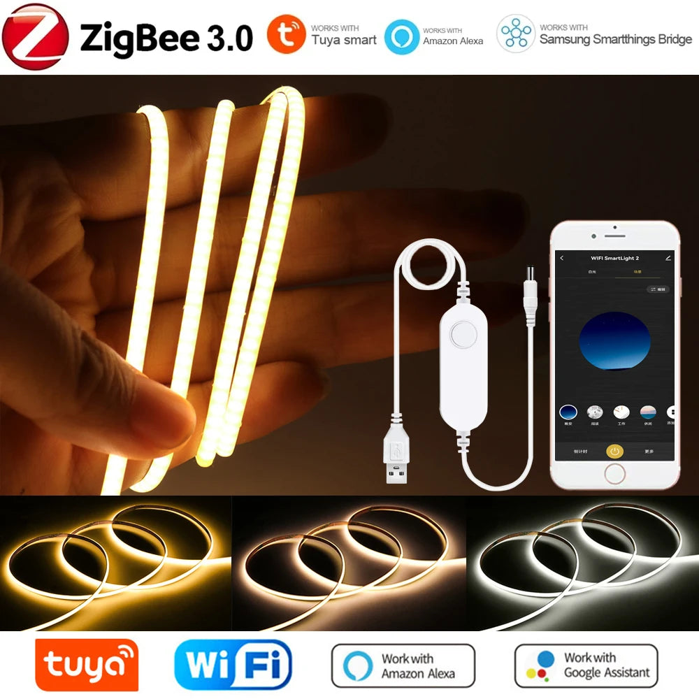 5V USB Tuya WiFi Tuya Zigbee 3.0 Warm White COB LED Strip Light Flexible Dimmable 8mm Width 320leds/m 4mm Width 480leds/m RA90