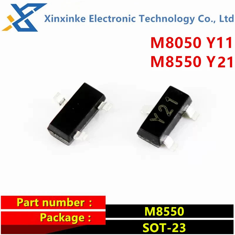 100PCS M8050 M8550 Marking: Y11 Y21 SOT-23-3 SMD IC PNP NPN Triode Transistor Vceo=-25V,Ic=-800mA,HFE=200-350
