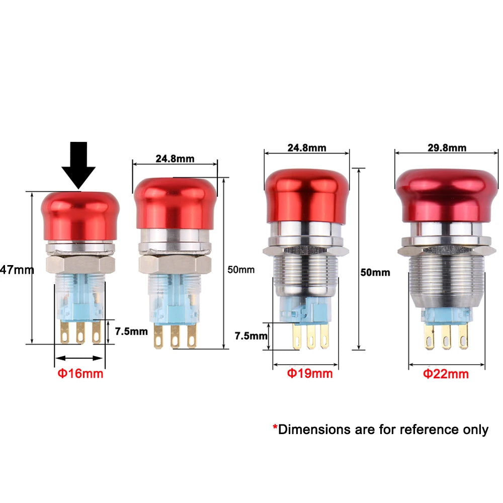 16/19/22mm Metal Aluminum Emergency Stop Switch Push Button Switch Latching NO NC 2NO 2NC Pin Terminal Red Mushroom Stop Button