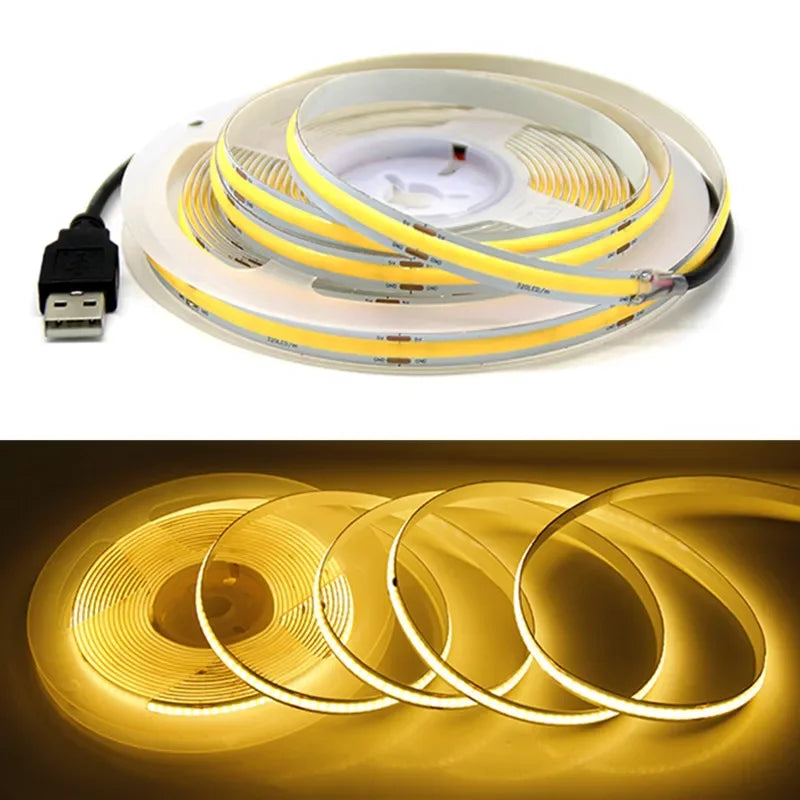 USB COB Lamp Strip DC5V 320LEDs/M White/Red/Pink/Ice Blue/Yellow Cabinet Light Lamp TV Backlight Flexible Ribbon Rope LED Strip