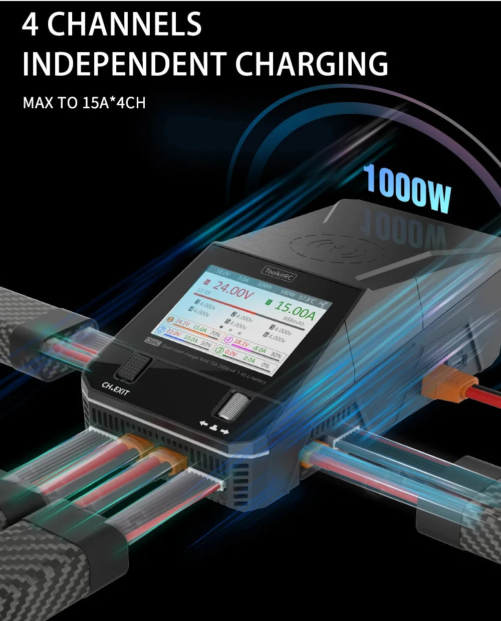 ToolkitRC Q6AC Charger AC 400W/ DC 1200W 4CH Built-in 65W USB Output 15W Wireless Charger For RC 1-6S Lipo LiHv Battery