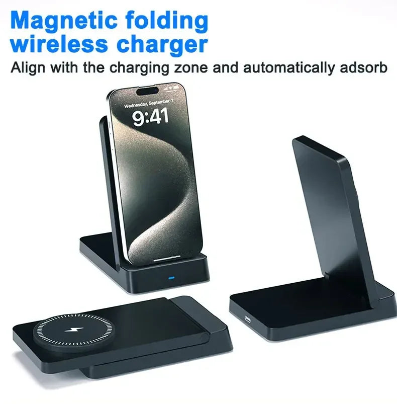 Magnetic Fast Wireless Charger Station For Magsafe iPhone 16 15 14 13 12 Pro Max Desktop Foldable Smartphone Charging Stand Dock
