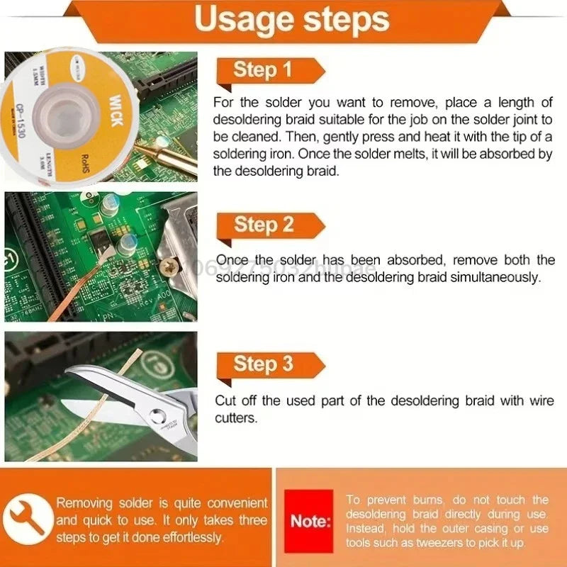 Electronic Repair Wick Copper Braid Desoldering Wick Pure Copper Braided Solder Removal Wire Residue PCB Soldering Clean Tool