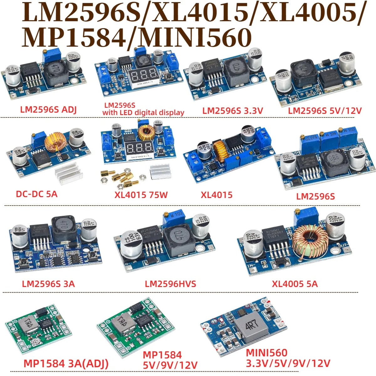 1/5/10pcs LM2596 XL4015 XL4005 MP1584 MINI560 DC-DC Buck Converter 3A Adjustable Step Down Power Module With Digital Display