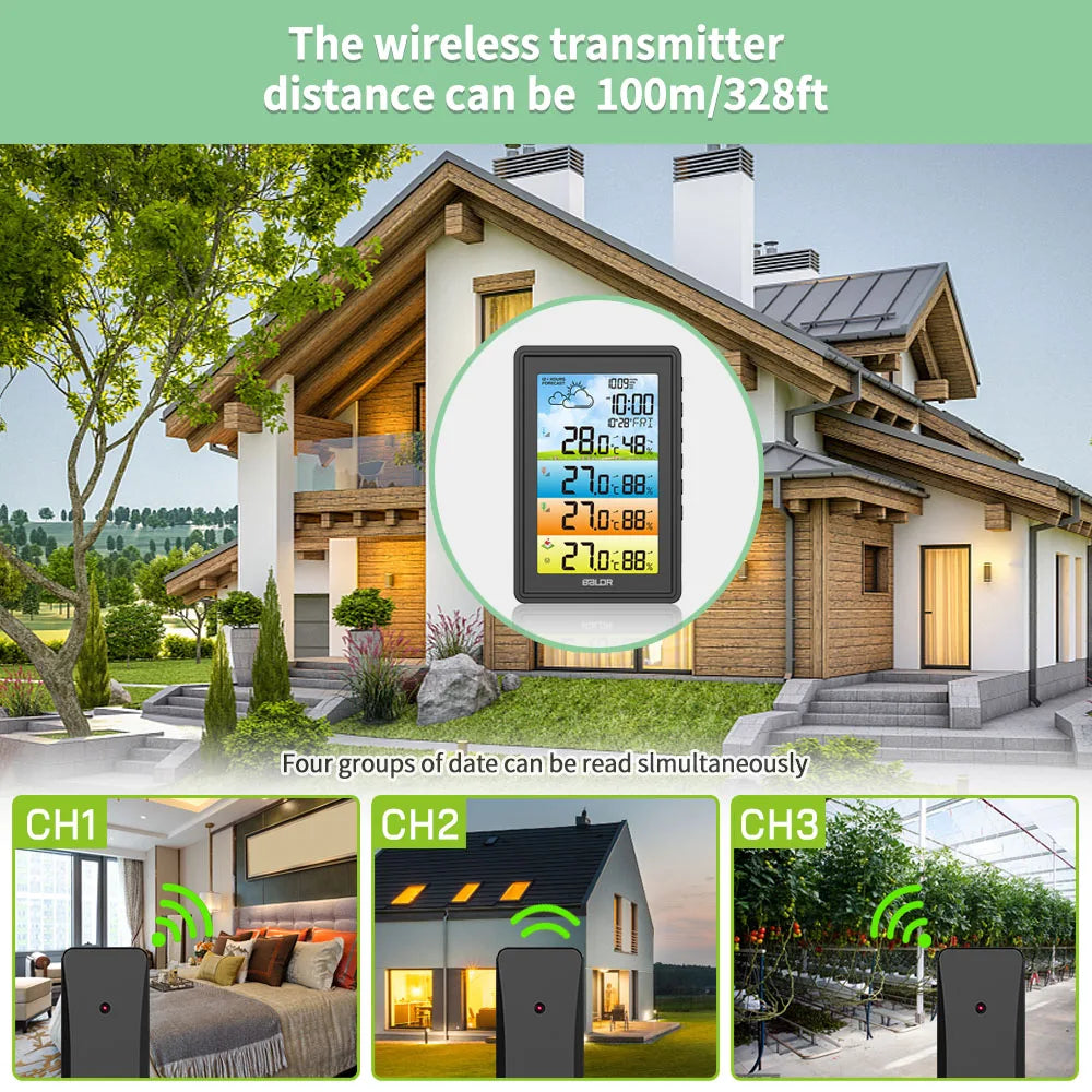 BALDR Wireless Large Screen Weather Station Digital Hygrometer Thermometer DCF Alarm Clock Calendar Barometer 3 Forecast Sensor