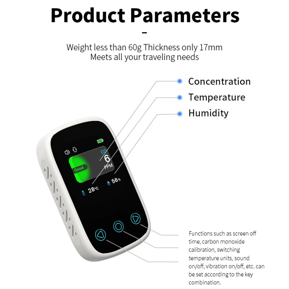 3 In 1 Air Quality Monitor CO2 Meter CO Temperature Humidity Measurement NDIR Sensor LCD Display Alarm Carbon Dioxide Detector