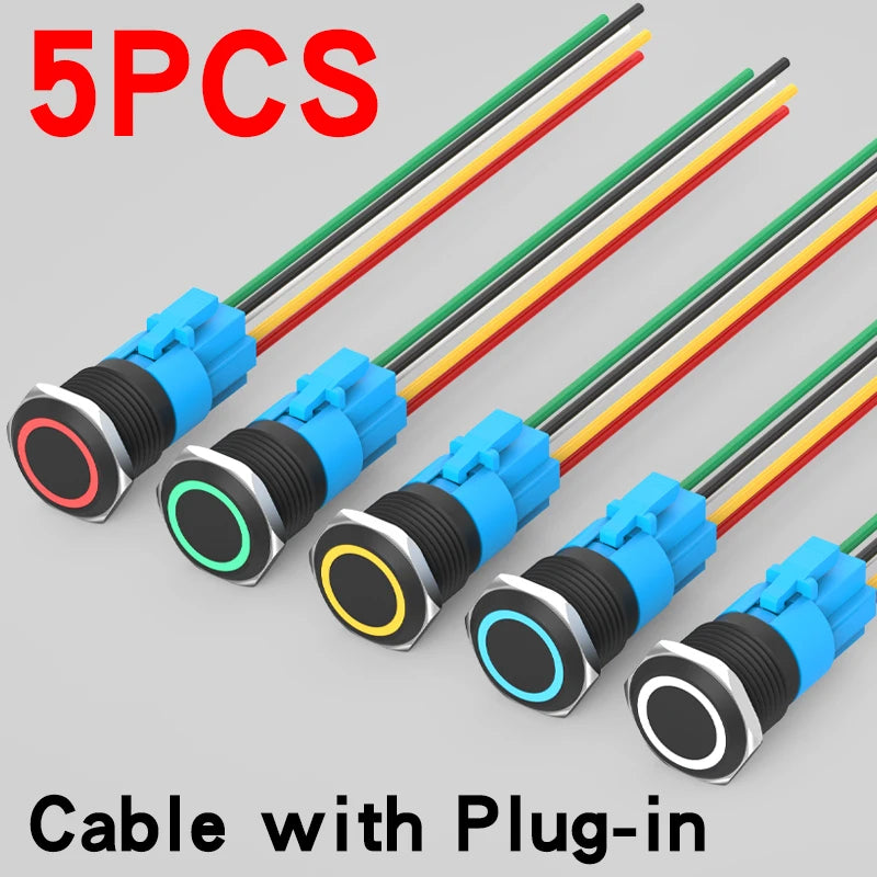 5PCS 16/19/22mm Metal Button Switch  Black Shell Flat Head Waterproof LED Momentary Reset Latching Button Switch 12V 24V 220V