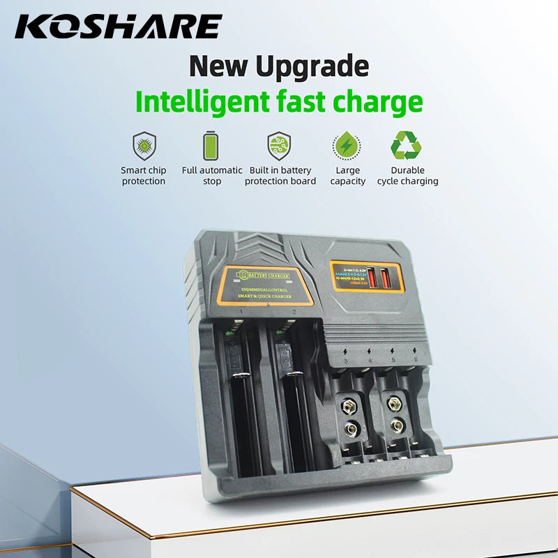 KOSHARE Smart Battery Charger for Rechargeable Ni-MH Ni-CD AA AAA 9V Batteries 18650/16340/26650 14500/21700 Lithium-ion Battery
