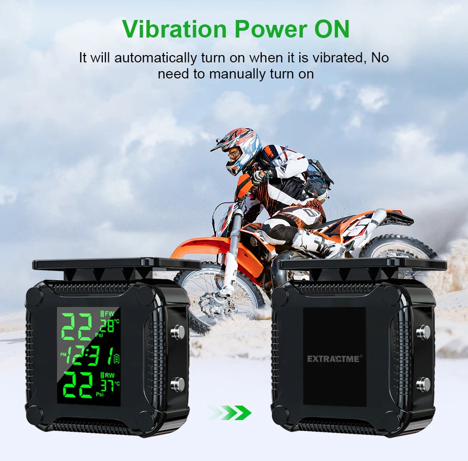 Extractme Tire Pressure Monitoring System Colorful Display Wireless TPMS Motorcycle Solar Charge Tyre Temperature Alarm Sensor