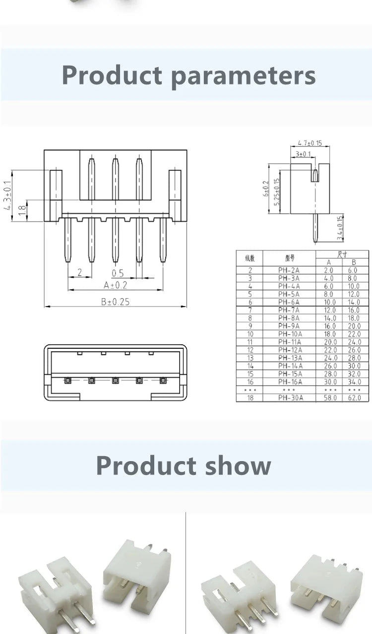 100pcs /LOT JST PH2.0 Straight/Curved Needle Connector 2Pin~16Pin Male Pin Header Right Angle 90°/180° 2.0mm Pitch