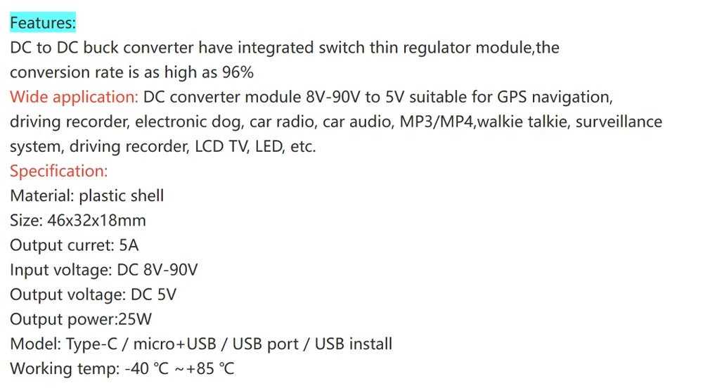 8-90V 12V 24V 48V 60V 72V 90V to 5V 5A 25WDC DC Step Down Converter Type-C Micro USB Buck Power Supply for Mobile Phone Charging