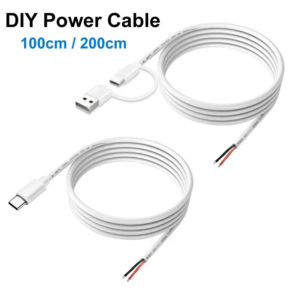 DIY USB C to 2 Pin Bare Wire Open End Power Cable, 5V USB Type C Male Plug 2 Pin Pigtail Cable, for Type C Replacement or Repair
